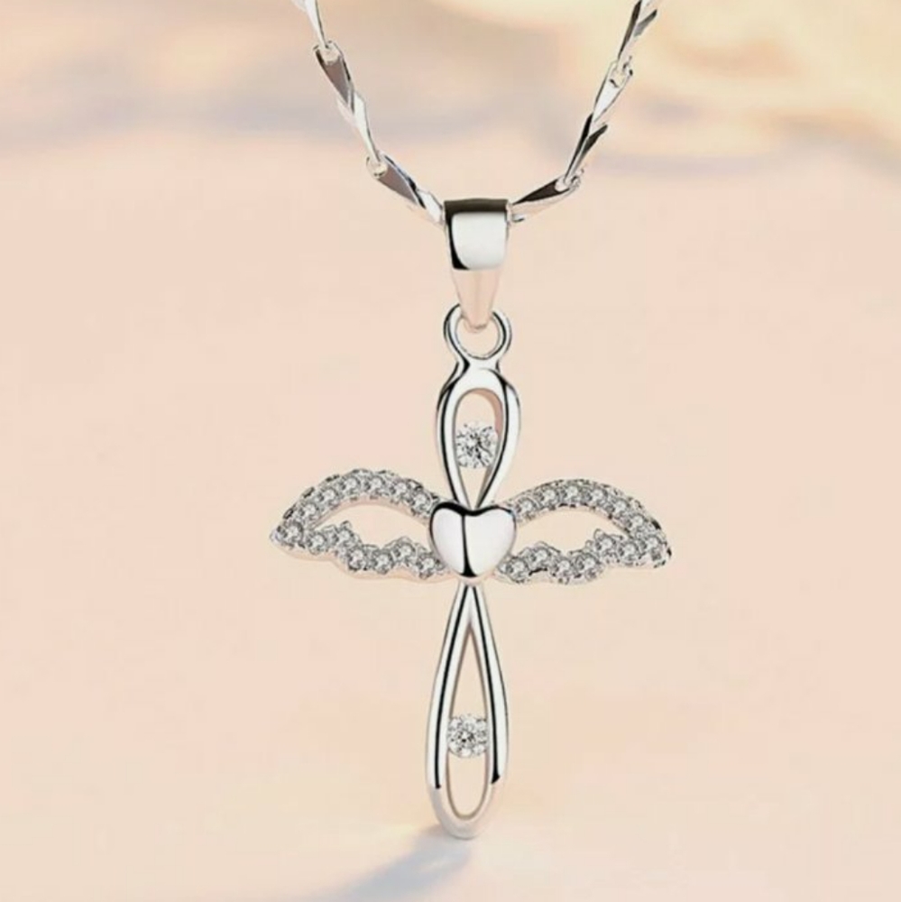 Silver Angel Wings Cross Pendant Clavicle Chain Necklace